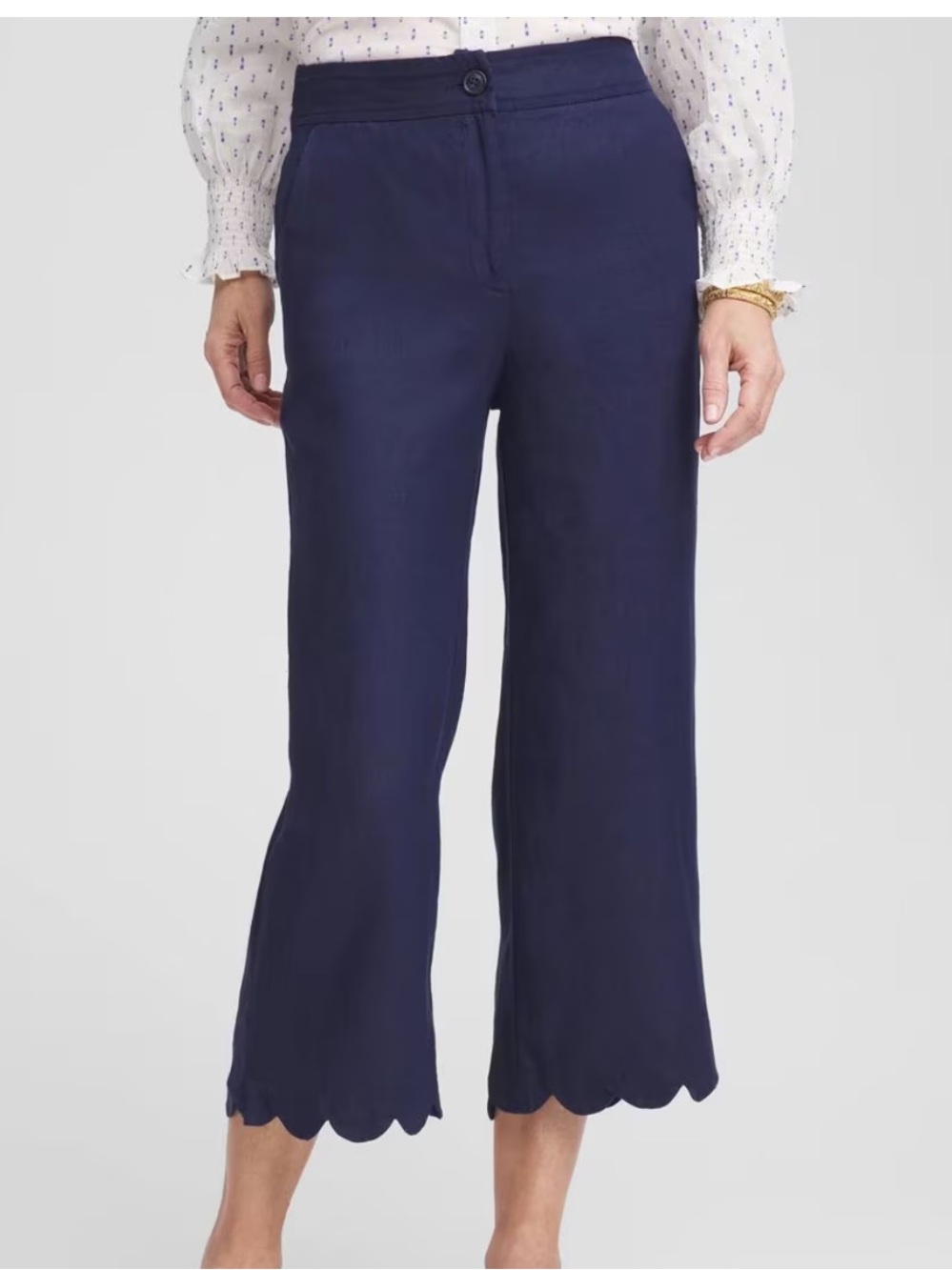 Chico’s 12 (2) Pants 100% Linen Scallop Hem Cropped Flare Passport Blue NWT